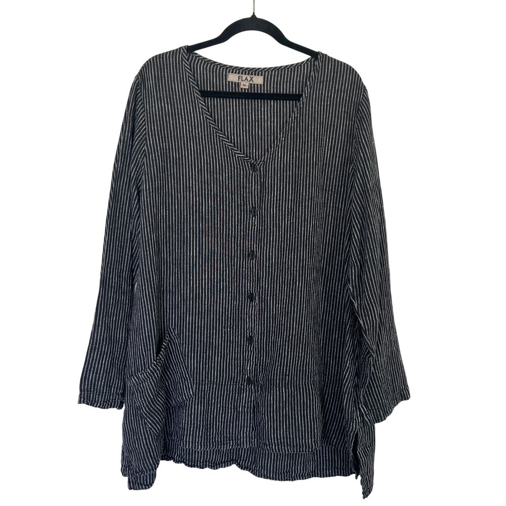 FLAX 100% Linen Tunic Top Women's M Black Striped Lagenlook Coastal Long Length